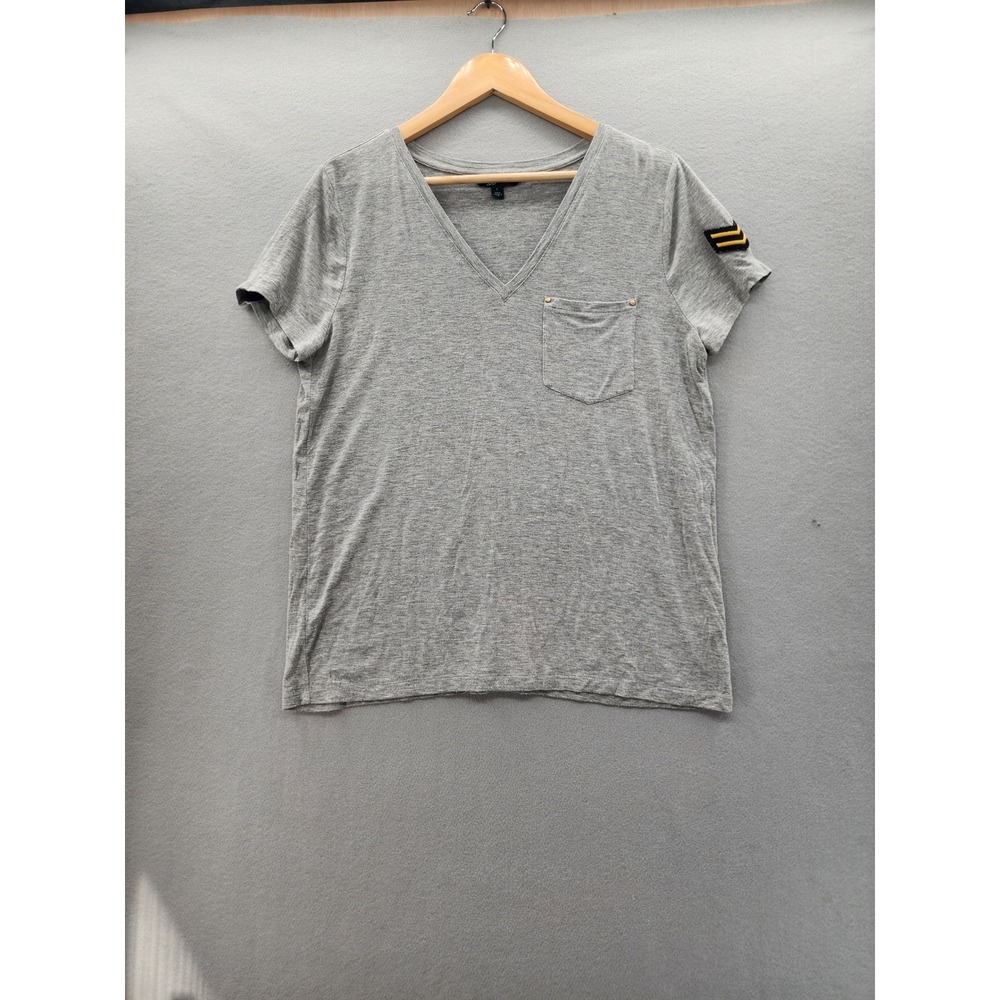 Lauren Ralph‎ Lauren Gray V-Neck Pocket T-Shirt Military Patch Women's Large L